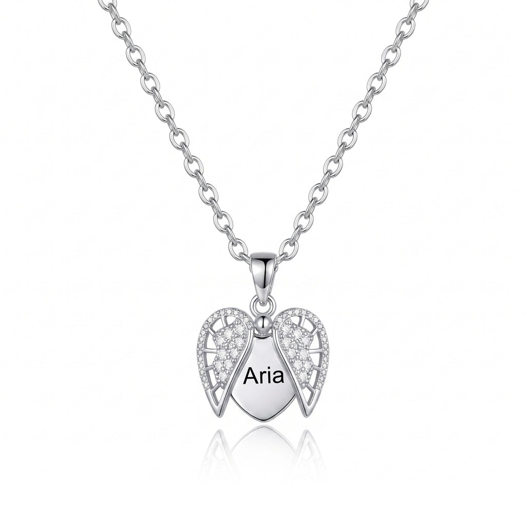 Personalized Engraved Angel Wing Heart Locket Necklace - Silver1
