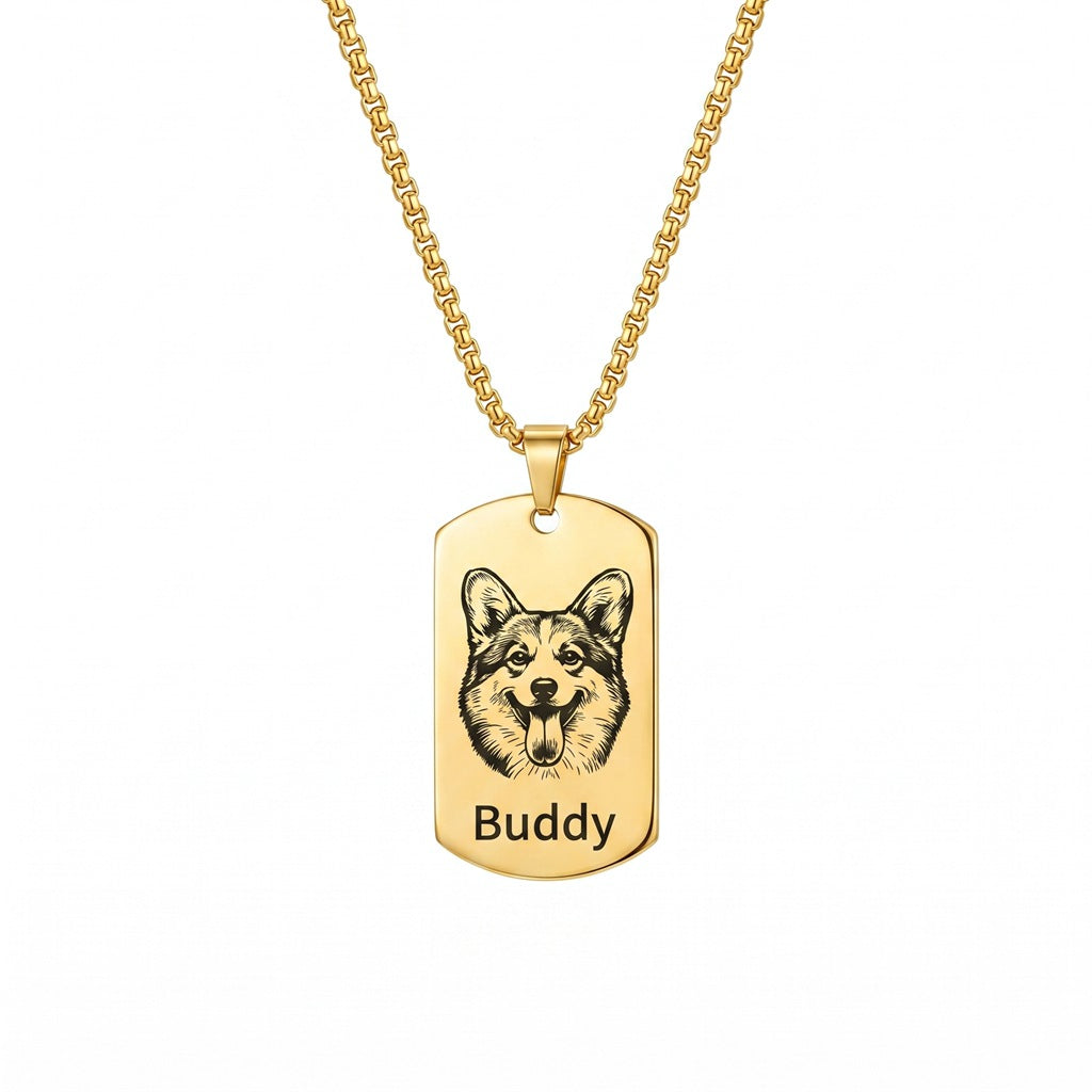 Personalized Engraved Pet Portrait Dog Tag Necklace For Men - Gold