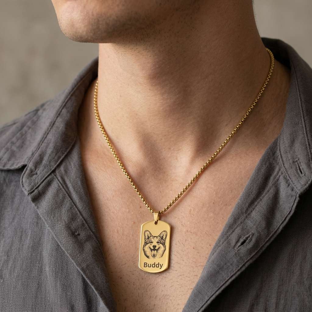 Personalized Engraved Pet Portrait Dog Tag Necklace For Men - Gold1