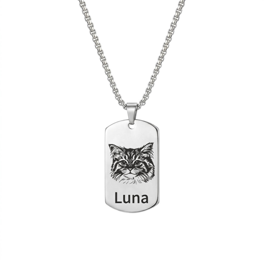 Personalized Engraved Pet Portrait Dog Tag Necklace For Men - Silver