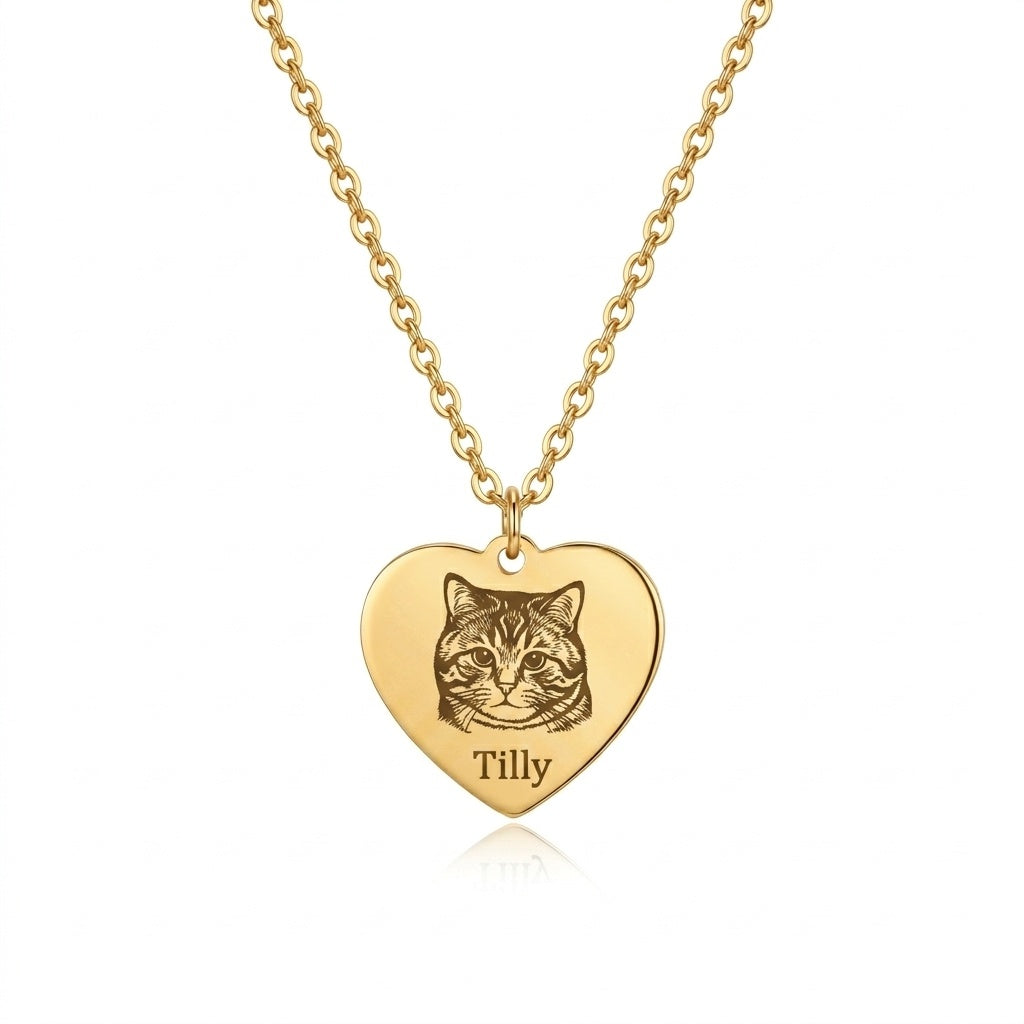 Personalized Engraved Pet Portrait Heart Necklace - Gold