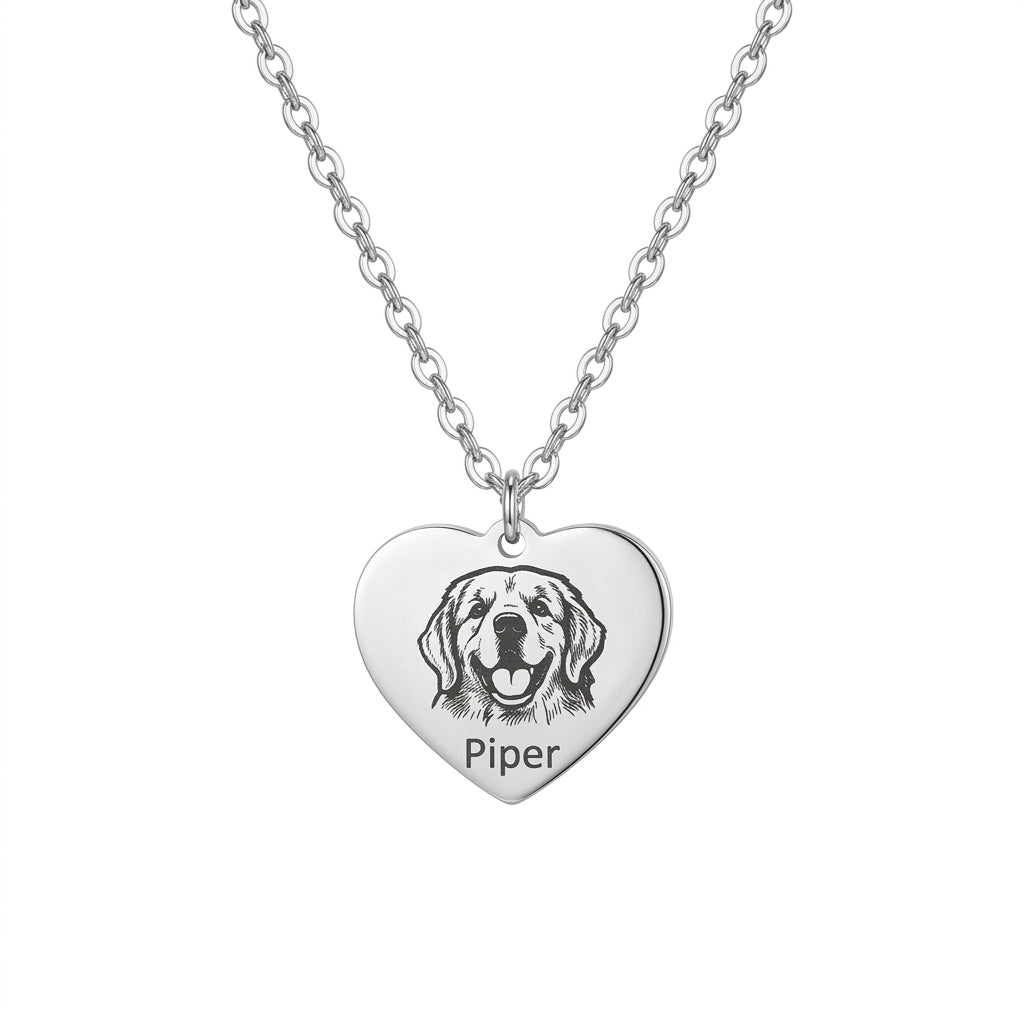 Personalized Engraved Pet Portrait Heart Necklace - Silver