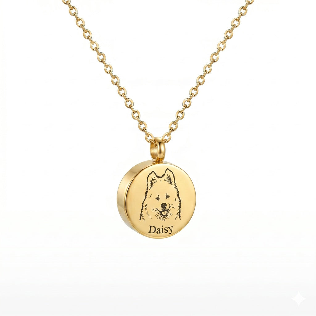 Personalized Engraved Pet Portrait Urn Necklace - Gold