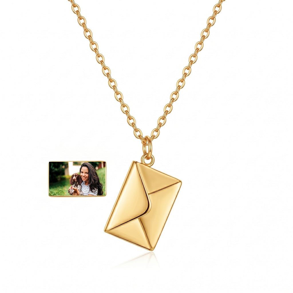 Personalized Envelope Photo Locket Necklace - Gold