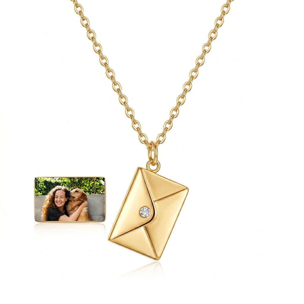Personalized Envelope Photo Locket Necklace With Gemstone - Gold
