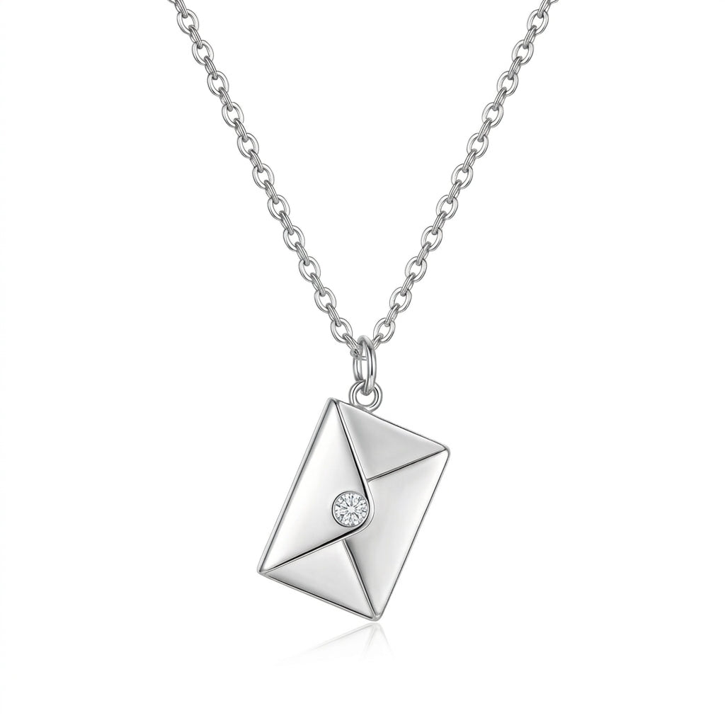 Personalized Envelope Photo Locket Necklace With Gemstone - Silver