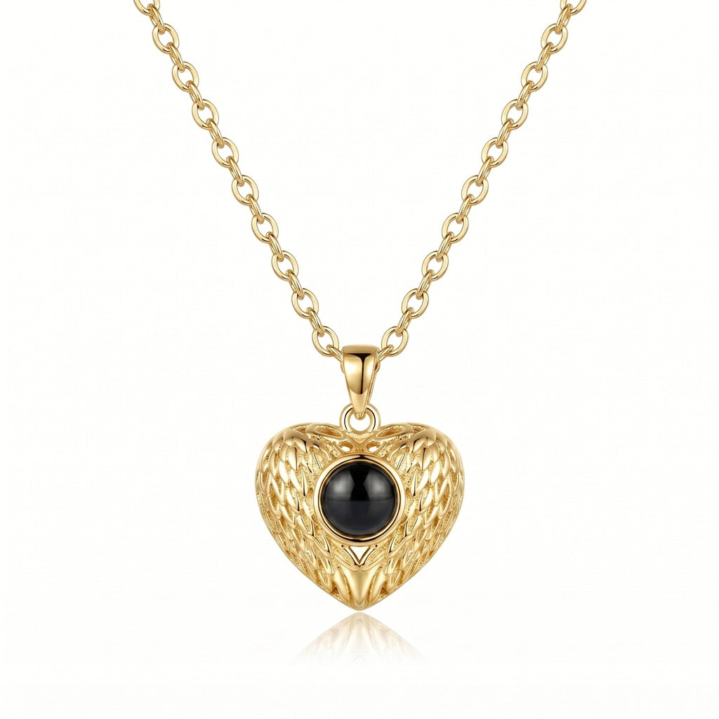 Personalized Feathered Heart Photo Projection Necklace - Gold