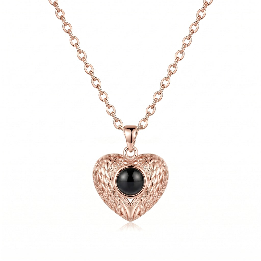 Personalized Feathered Heart Photo Projection Necklace - Rose Gold