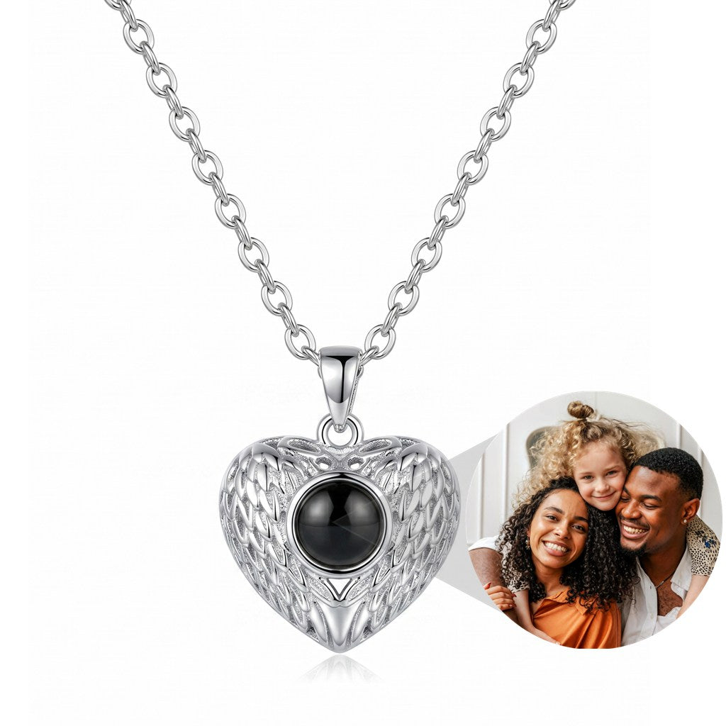 Personalized Feathered Heart Photo Projection Necklace - Silver
