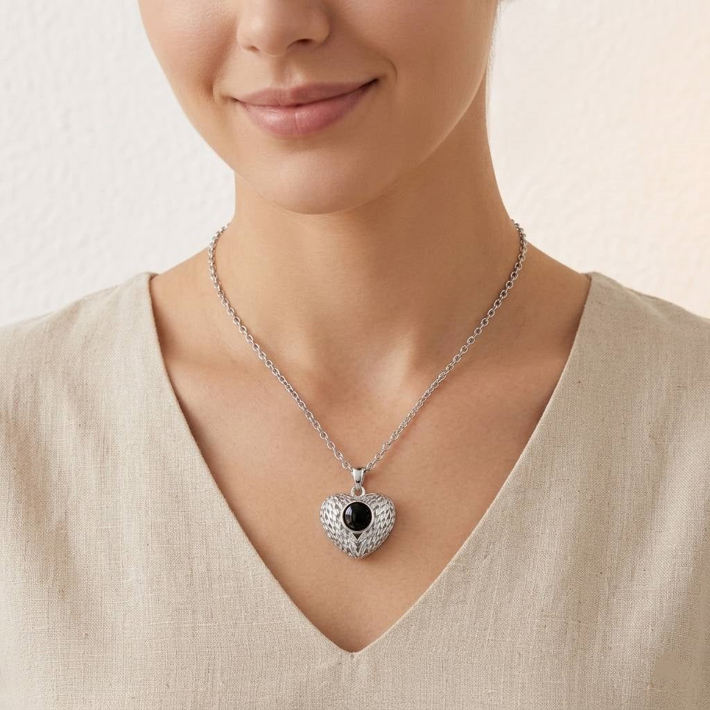 Personalized Feathered Heart Photo Projection Necklace - Silver1