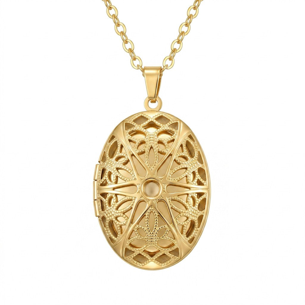 Personalized Filigree Starburst Photo Locket Necklace - Gold