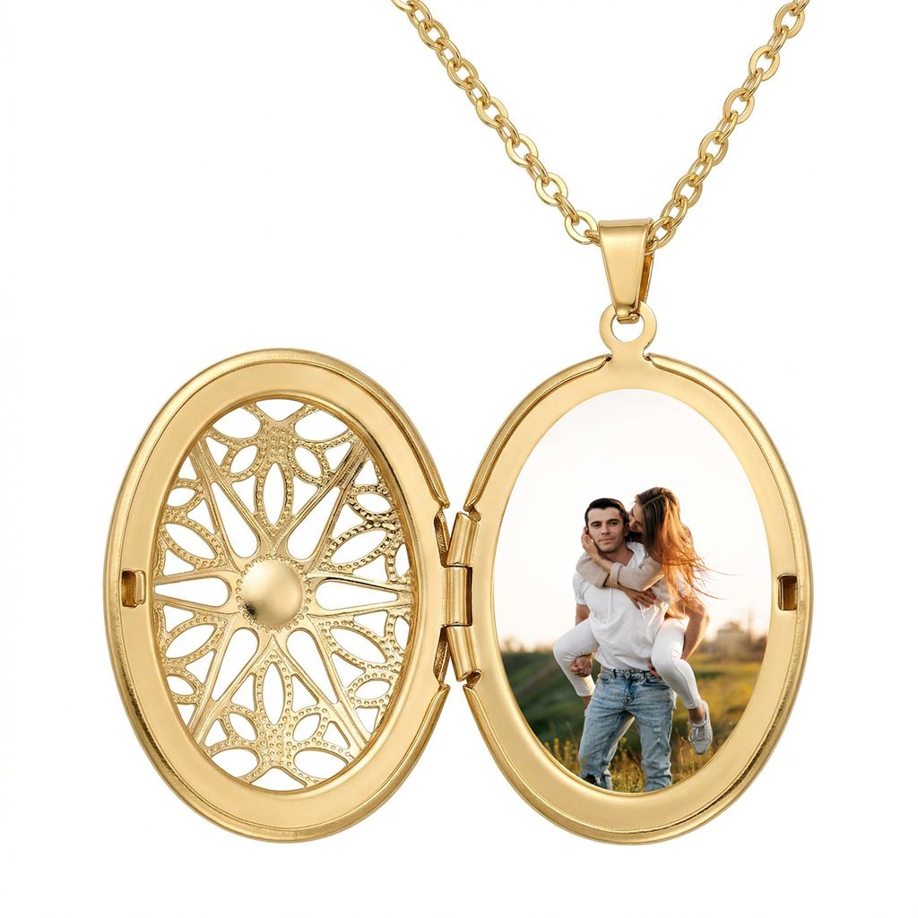 Personalized Filigree Starburst Photo Locket Necklace - Gold1