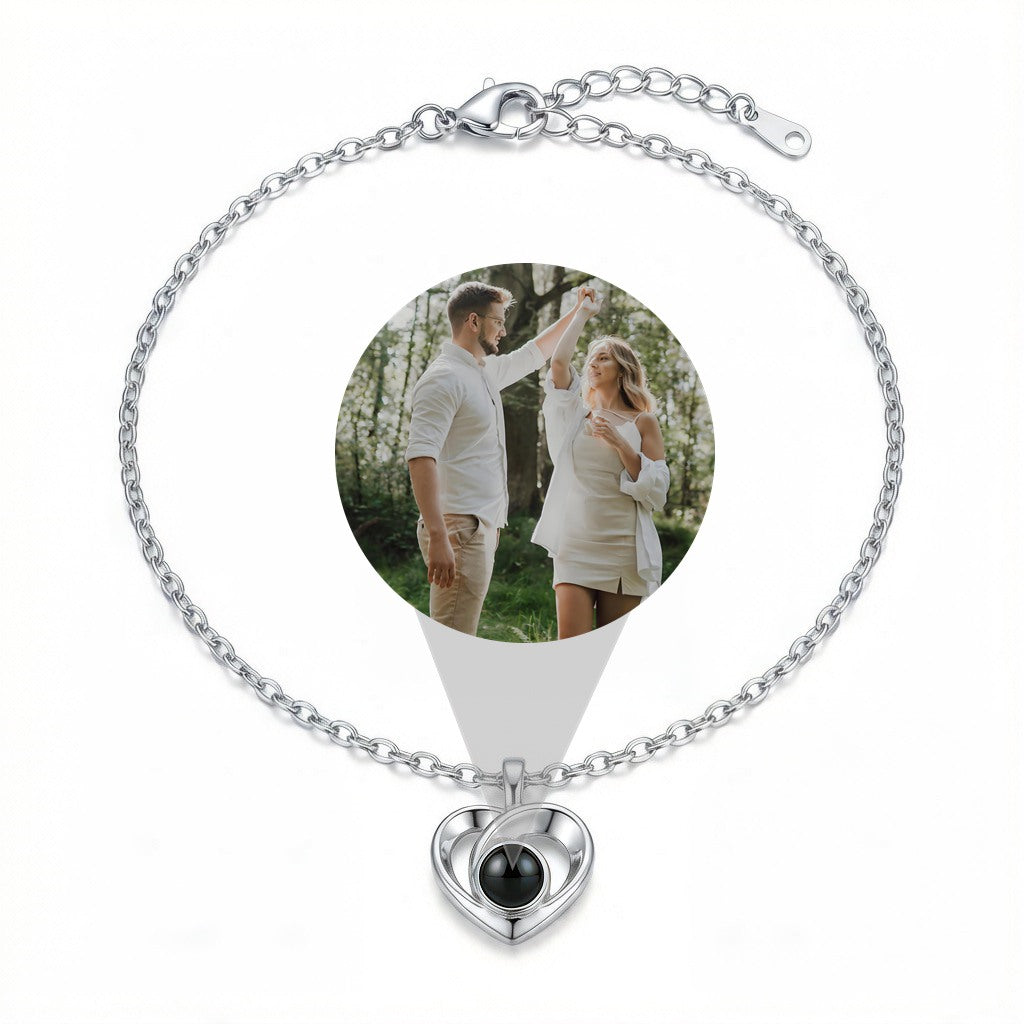 Personalized Fine Cable Chain Heart Photo Projection Bracelet - Silver
