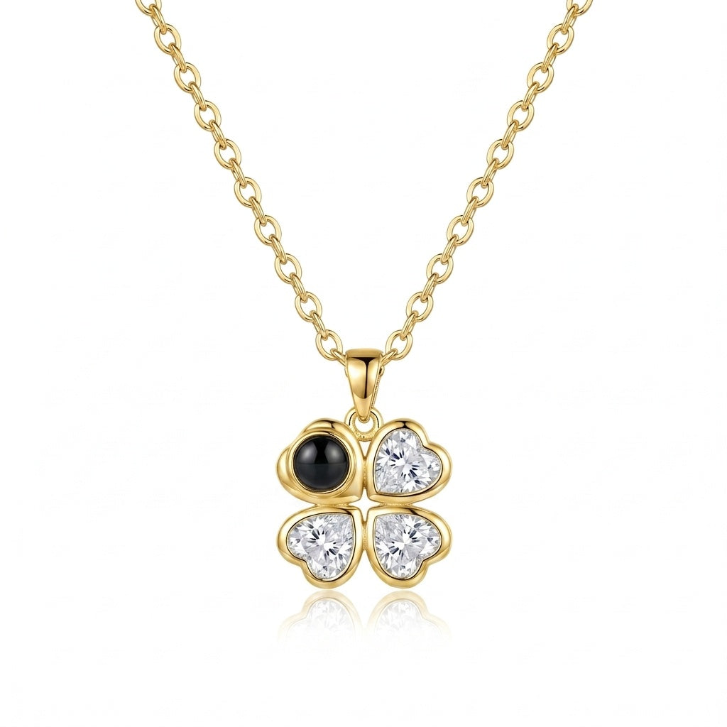 Personalized Four-Leaf Clover Heart Photo Projection Necklace - Gold
