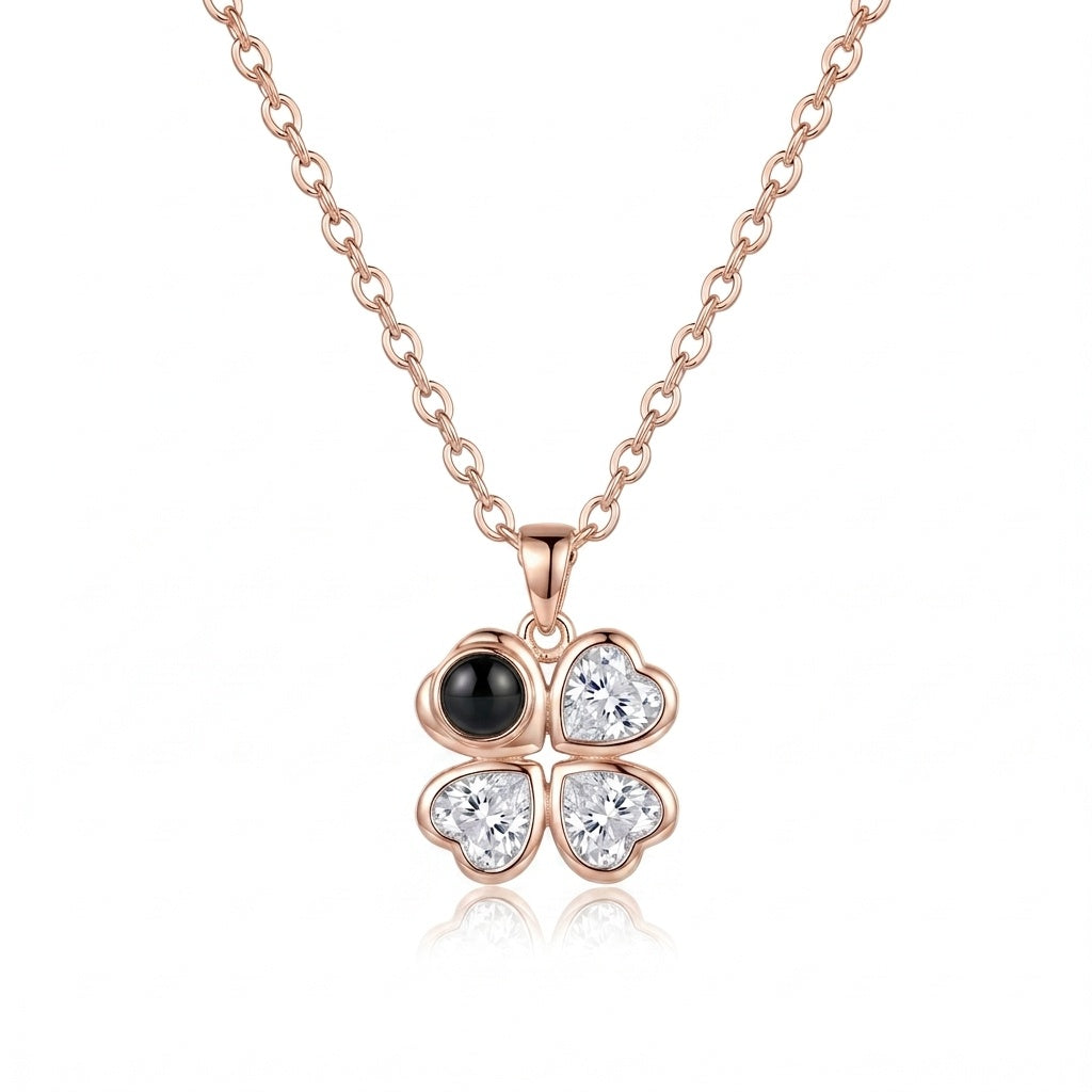Personalized Four-Leaf Clover Heart Photo Projection Necklace - Rose Gold