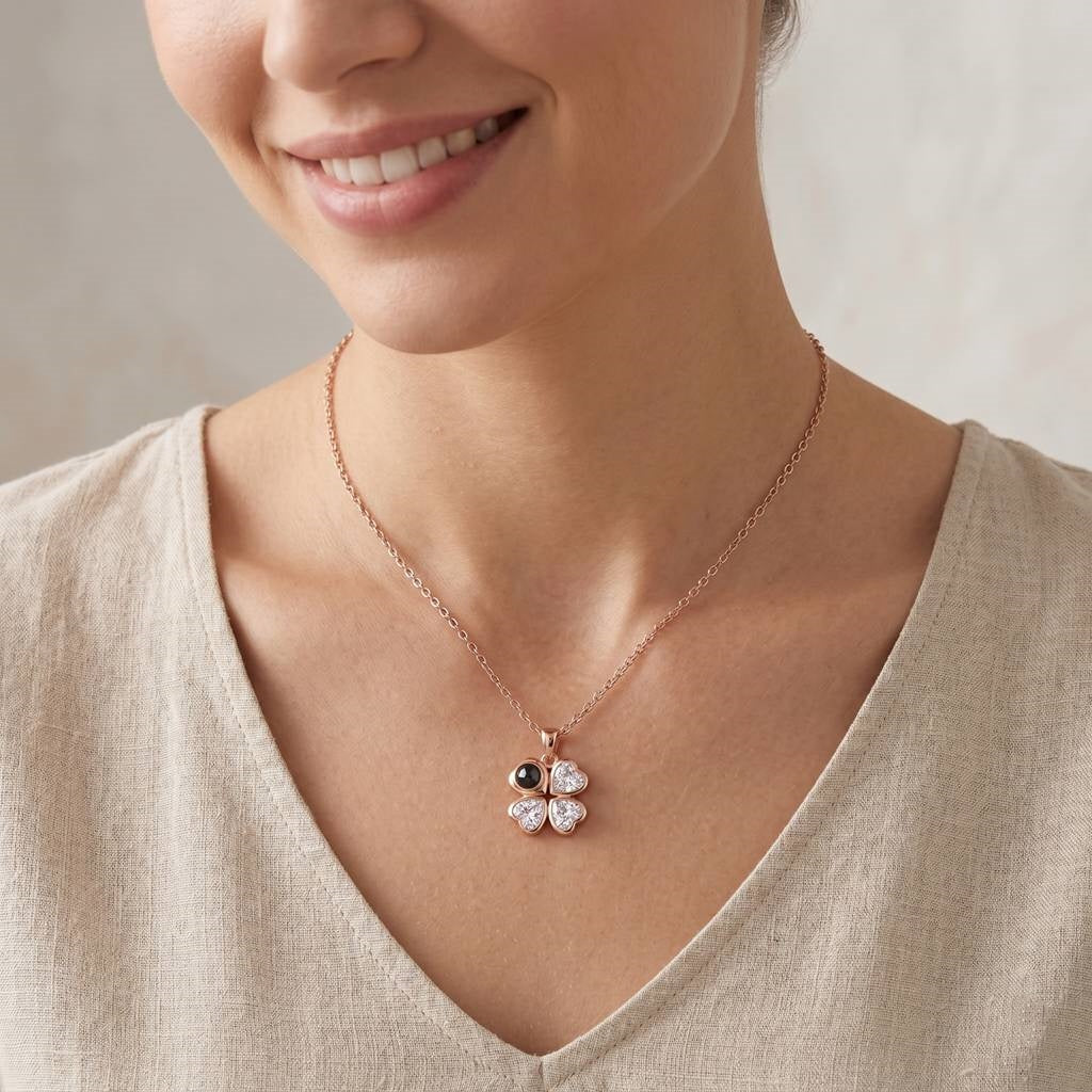 Personalized Four-Leaf Clover Heart Photo Projection Necklace - Rose Gold1