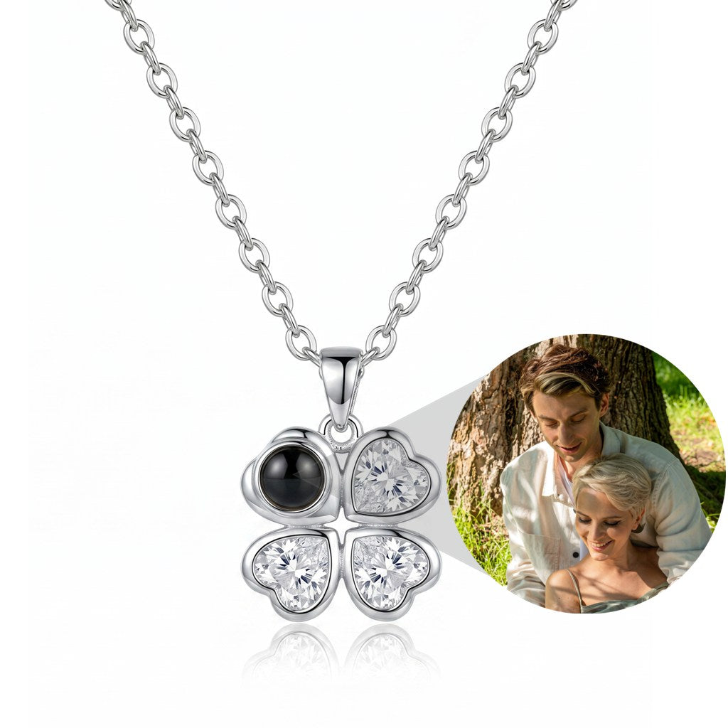 Personalized Four-Leaf Clover Heart Photo Projection Necklace - Silver