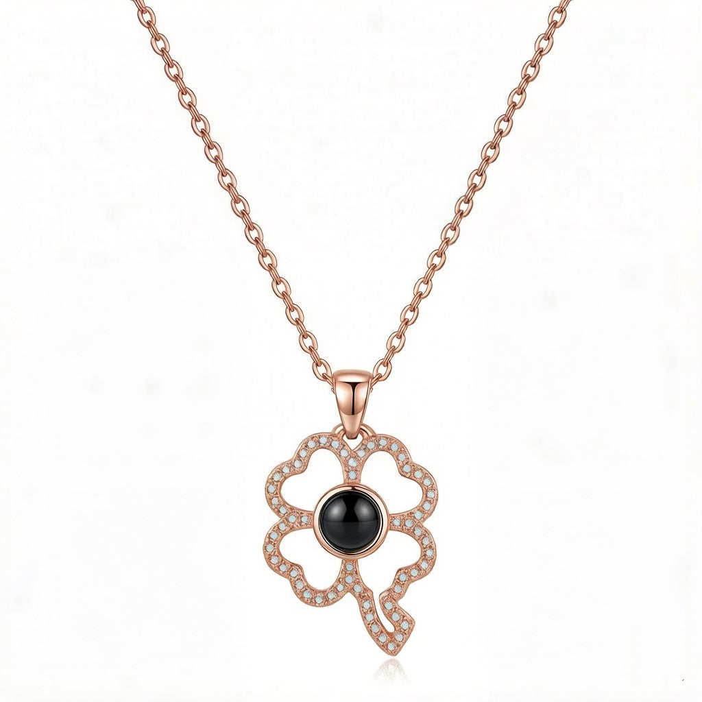 Personalized Four-Leaf Clover Hidden Photo Projection Necklace - Rose Gold