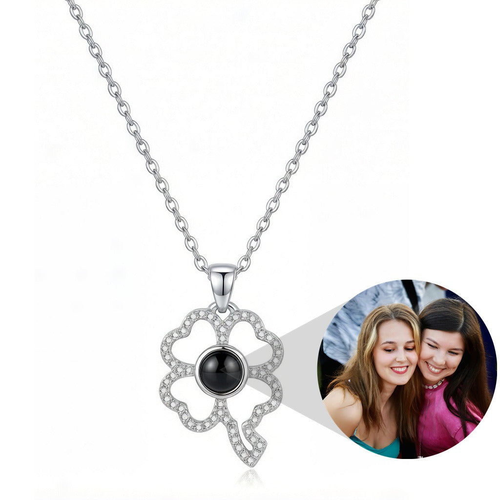 Personalized Four-Leaf Clover Hidden Photo Projection Necklace - Silver