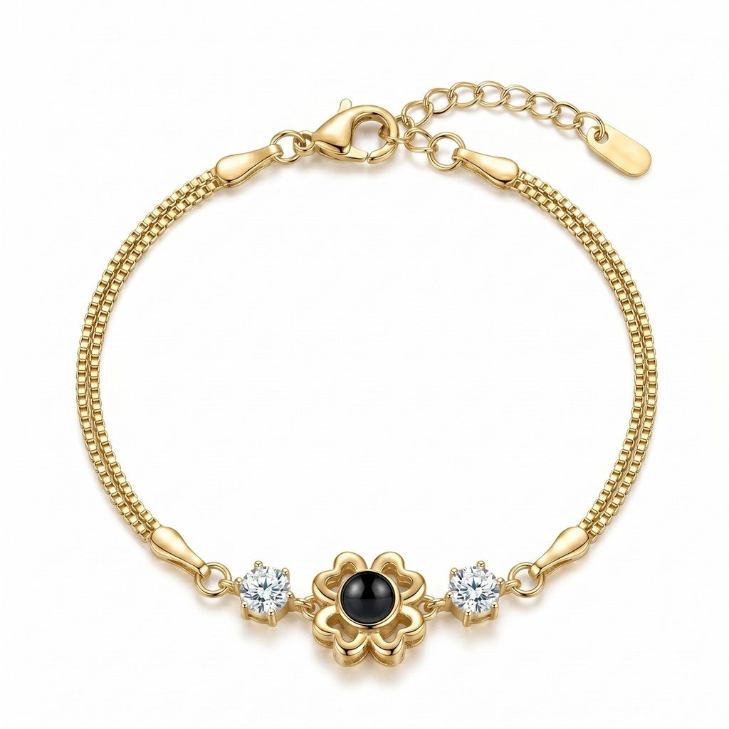 Personalized Four-Leaf Clover Photo Projection Bracelet - Gold