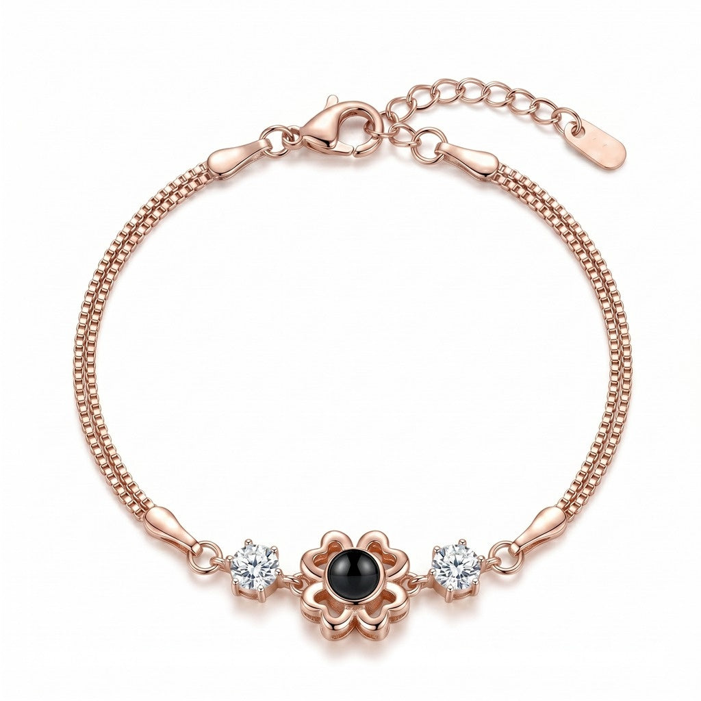 Personalized Four-Leaf Clover Photo Projection Bracelet - Rose Gold