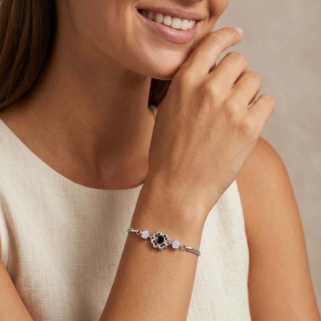 Personalized Four-Leaf Clover Photo Projection Bracelet - Silver