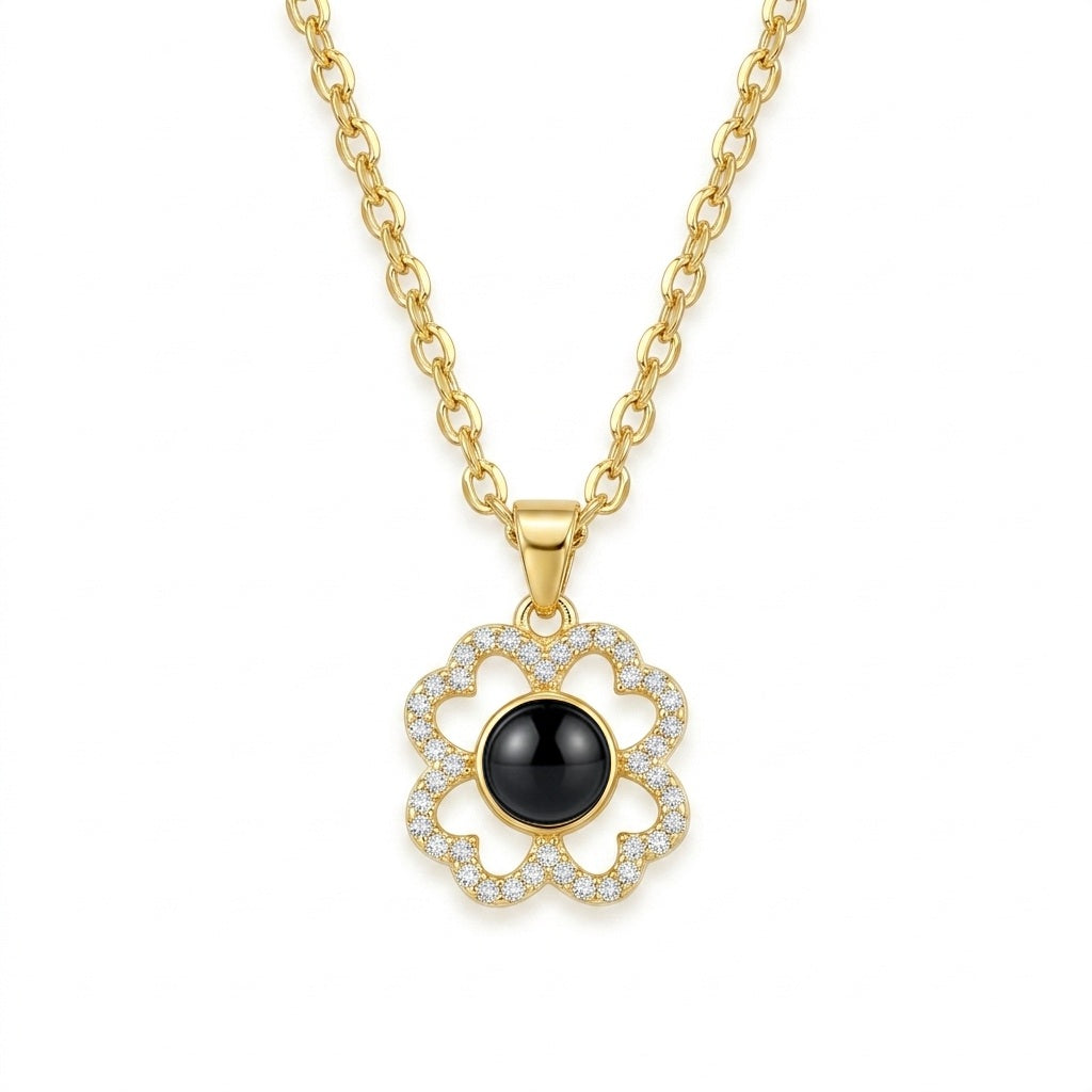 Personalized Four-Leaf Clover Photo Projection Necklace - Gold