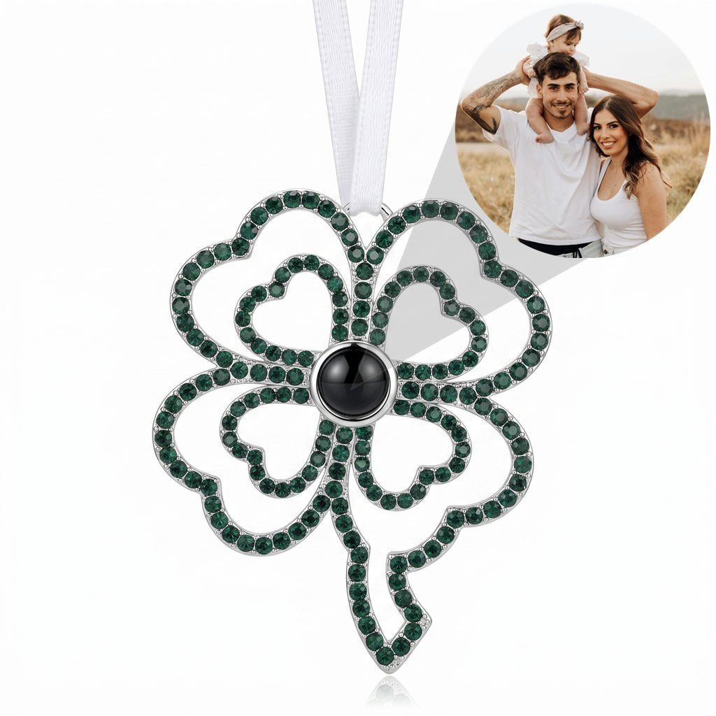 Personalized Four-Leaf Clover Photo Projection Ornament - Silver & Green