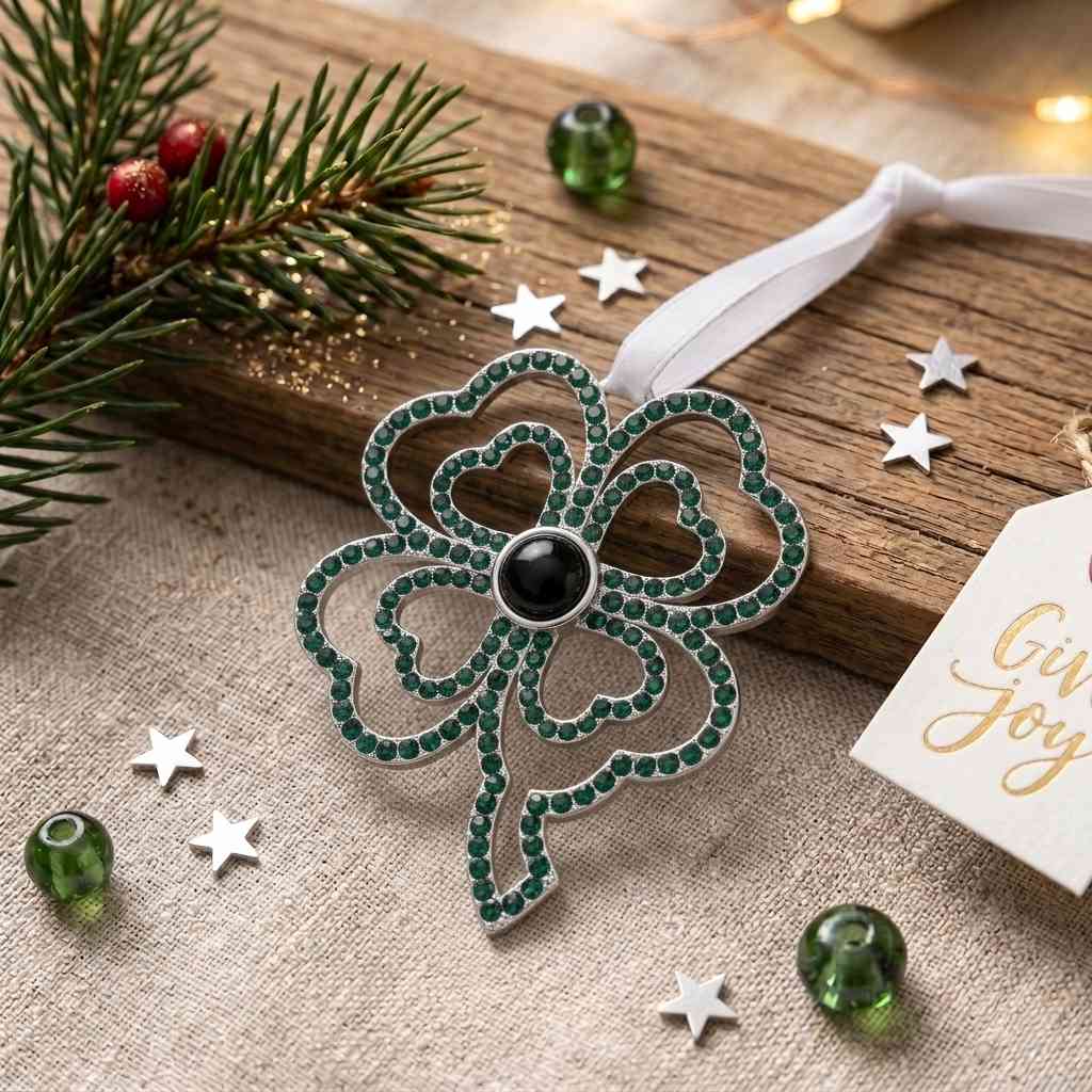 Personalized Four-Leaf Clover Photo Projection Ornament - Silver & Green2