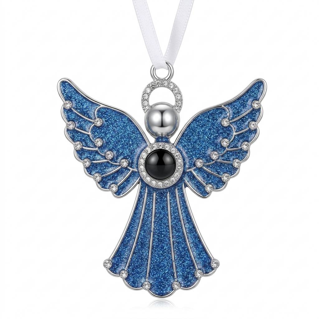 Personalized Glitter Angel Photo Projection Ornament With Fluted Gown - Blue