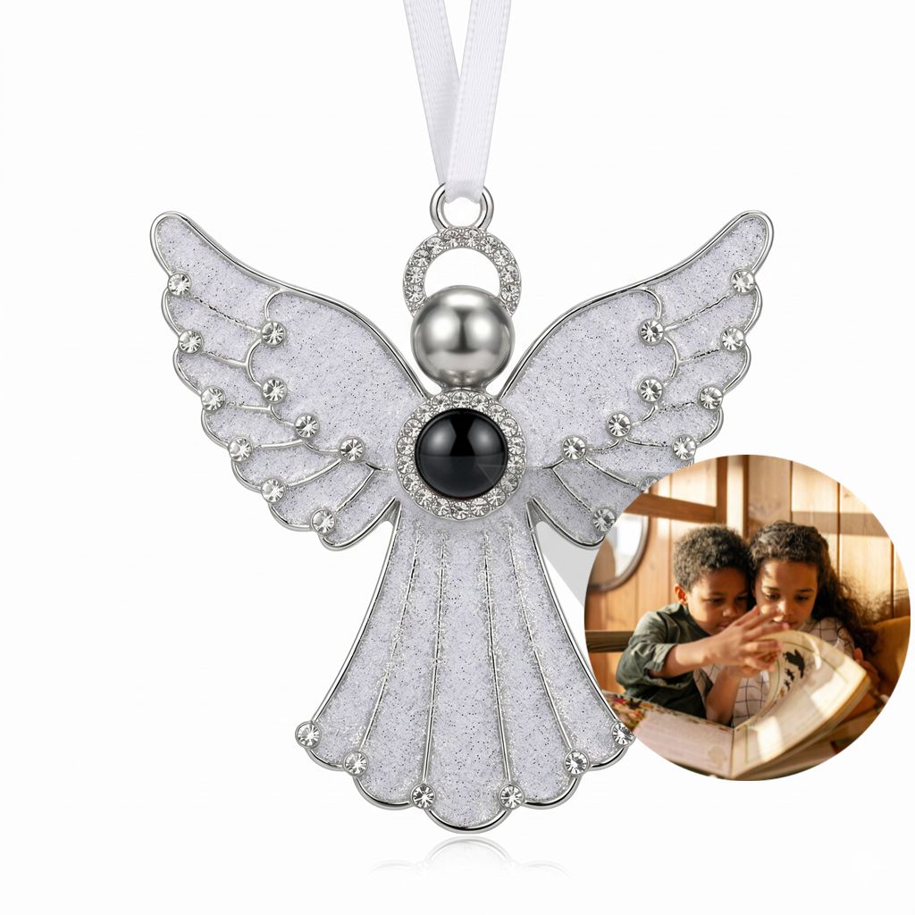 Personalized Glitter Angel Photo Projection Ornament With Fluted Gown - Silver