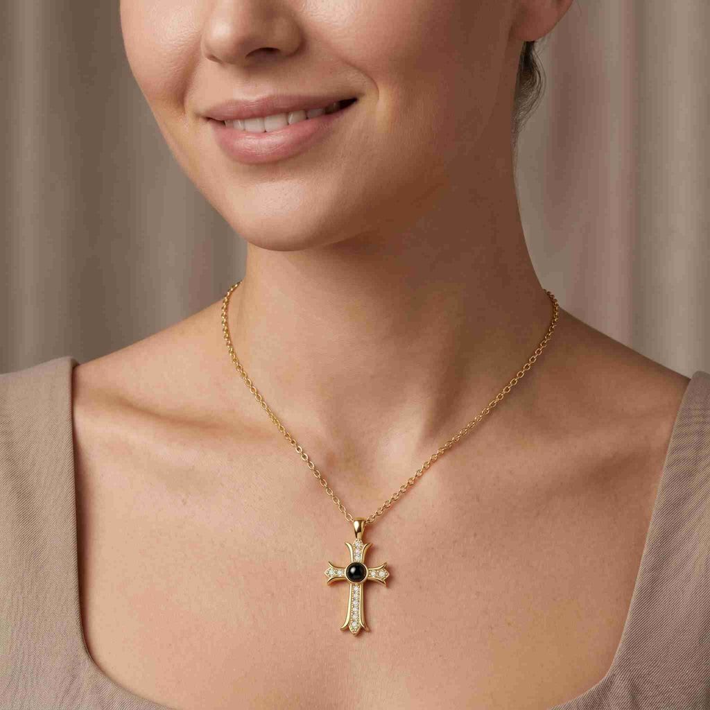 Personalized Gothic Cross Photo Projection Necklace - Gold4
