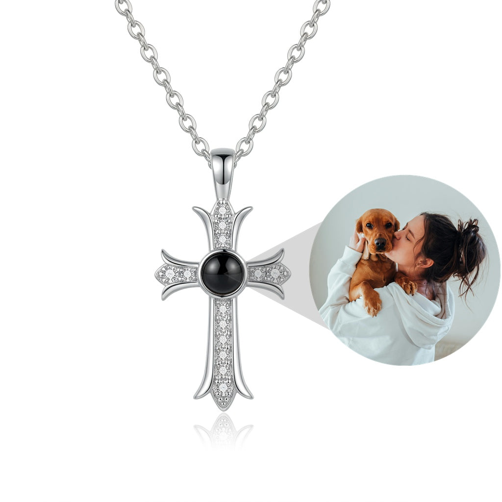 Personalized Gothic Cross Photo Projection Necklace - Silver