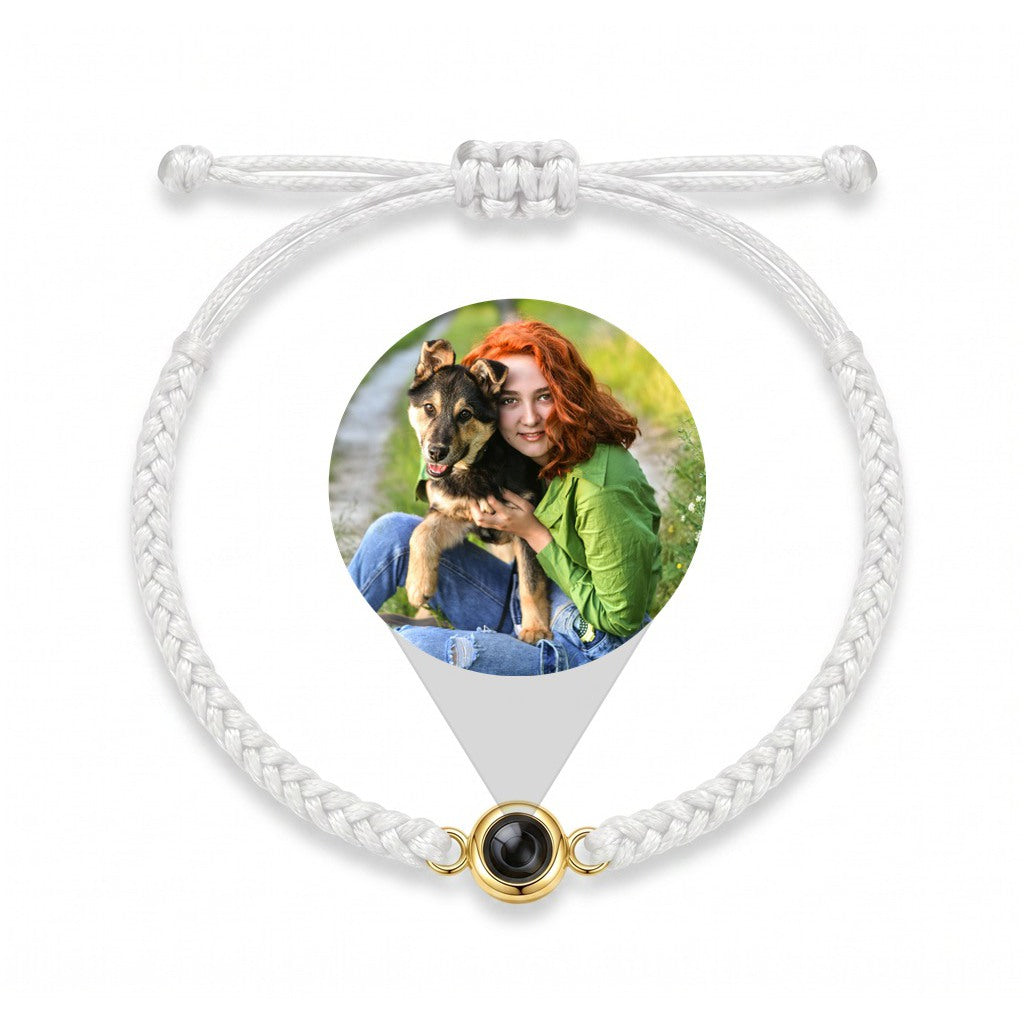 Personalized Hand Braided Rope Photo Projection Bracelet - White And Gold