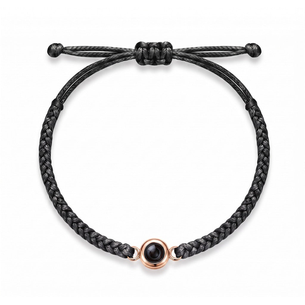 Personalized Hand Braided Rope Photo Projection Bracelet - Black And Rose Gold