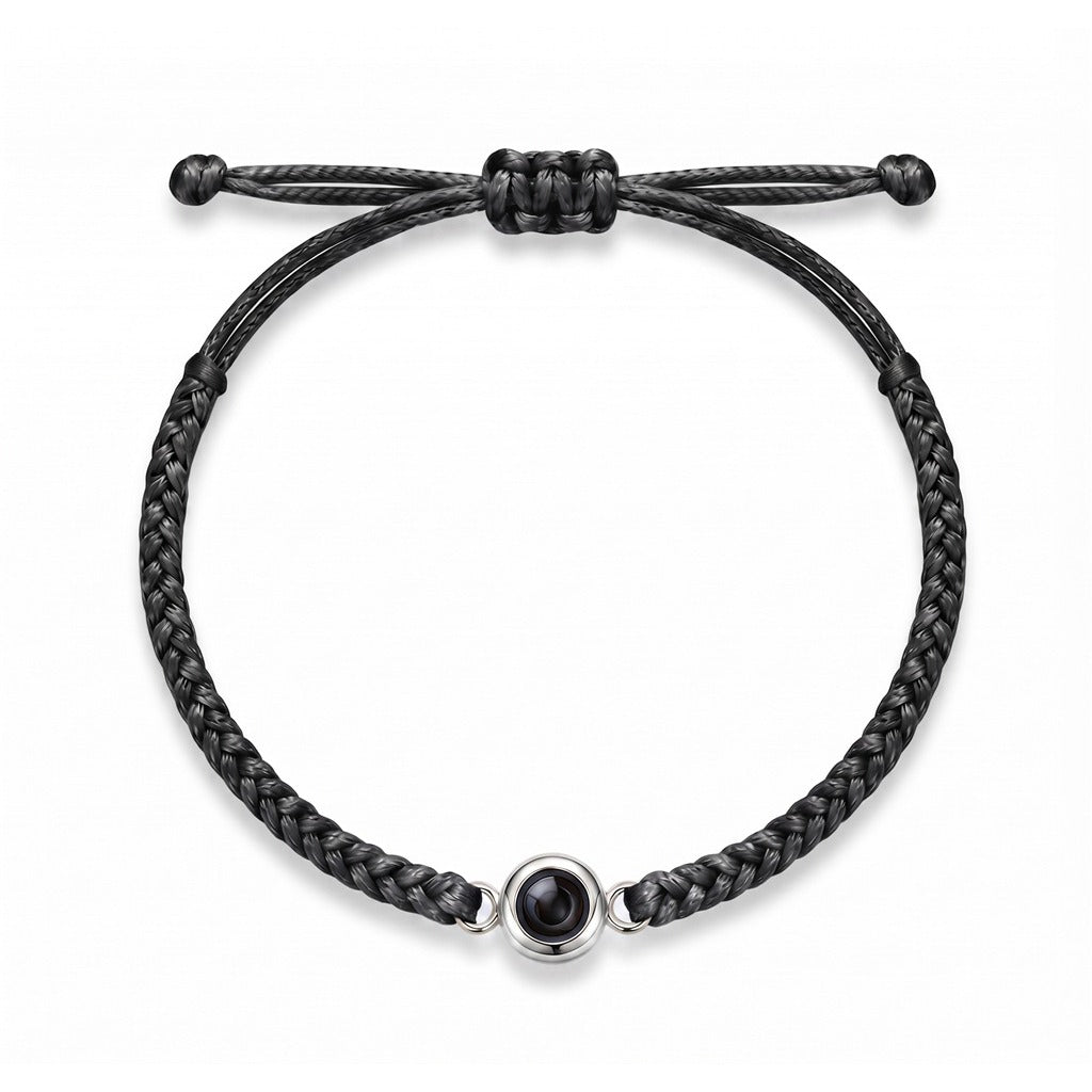 Personalized Hand Braided Rope Photo Projection Bracelet - Black And Silver
