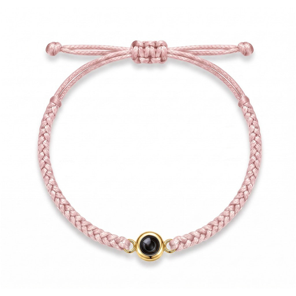 Personalized Hand Braided Rope Photo Projection Bracelet - Pink And Gold