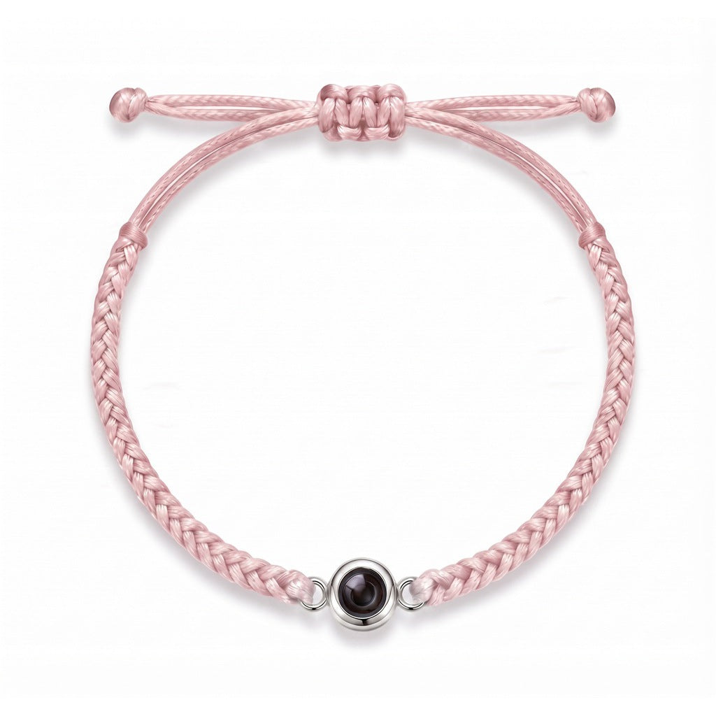 Personalized Hand Braided Rope Photo Projection Bracelet - Pink And Silver