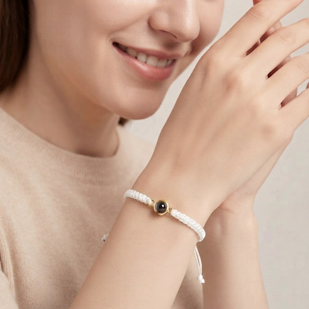 Personalized Hand Braided Rope Photo Projection Bracelet - White And Gold