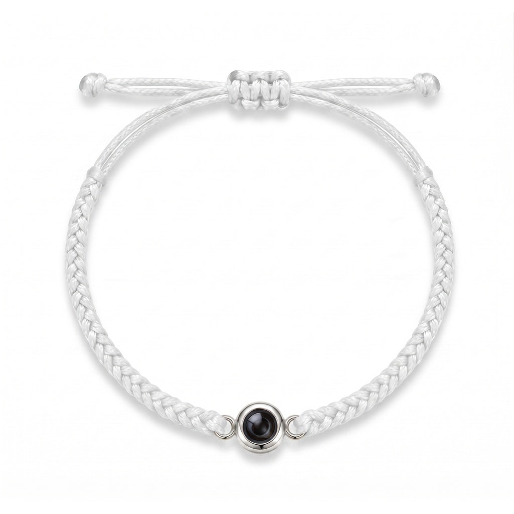 Personalized Hand Braided Rope Photo Projection Bracelet - White And Silver