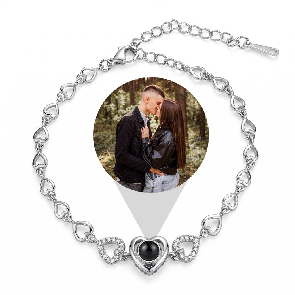 Personalized Heart-Link Charm Photo Projection Bracelet - Silver