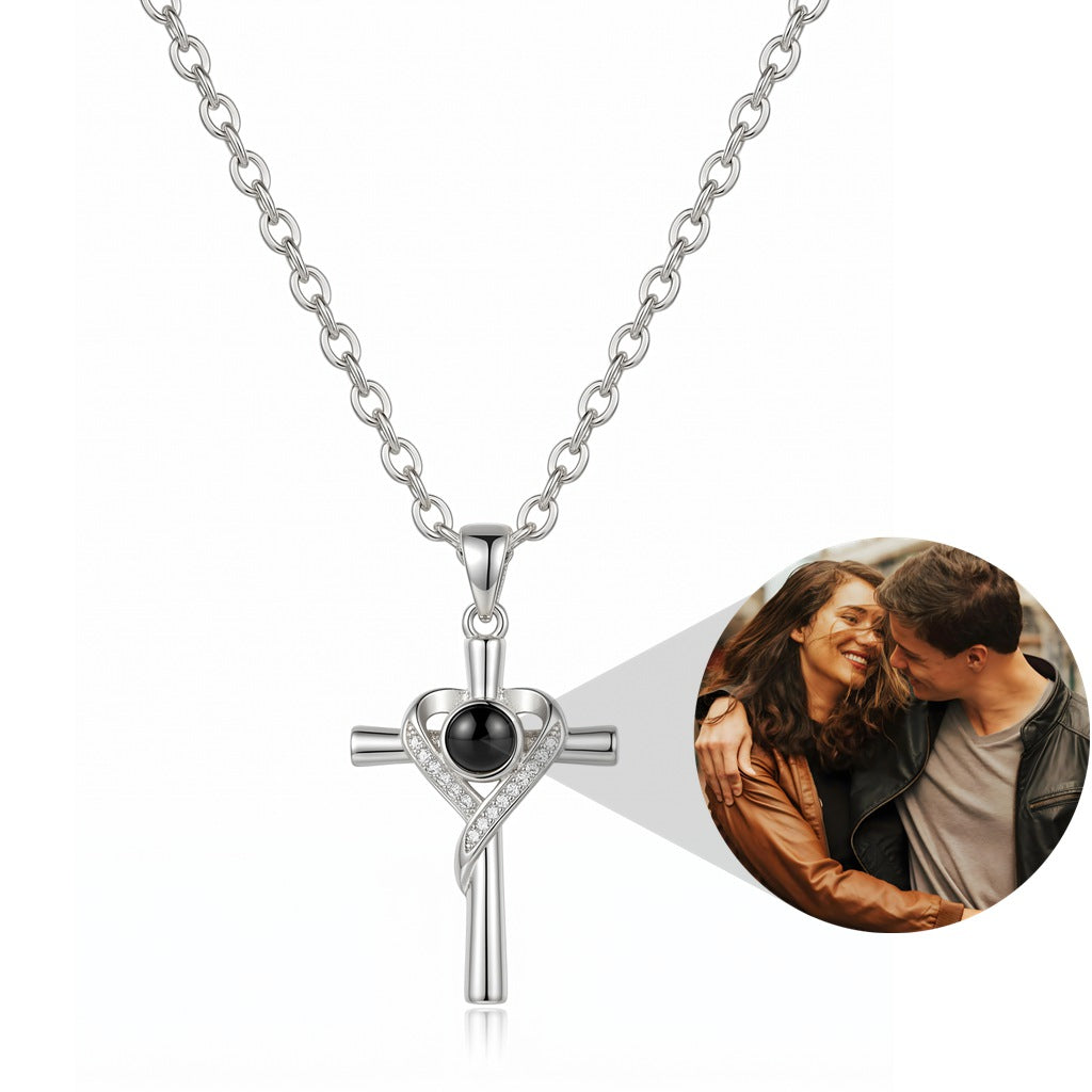 Personalized Heart-Wrapped Cross Photo Projection Necklace - Silver