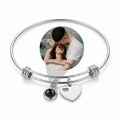 Personalized Heart Charm Photo Projection Bangle Bracelet - Silver