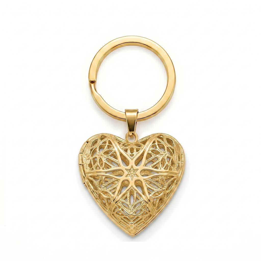 Personalized Heart Filigree Heart Photo Locket Keychain - Gold