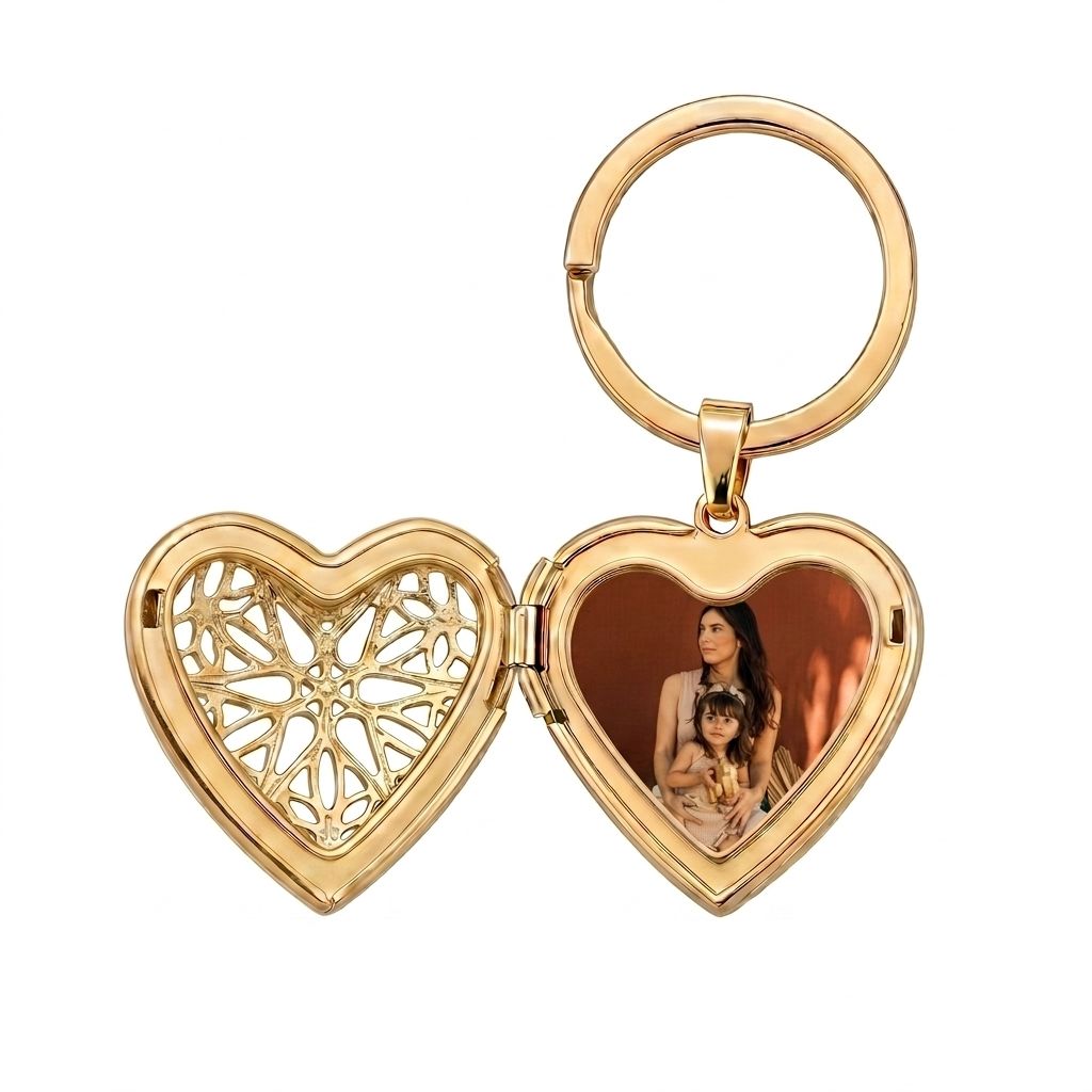 Personalized Heart Filigree Heart Photo Locket Keychain - Gold1