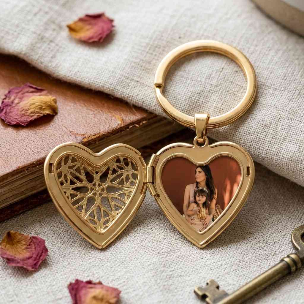 Personalized Heart Filigree Heart Photo Locket Keychain - Gold2