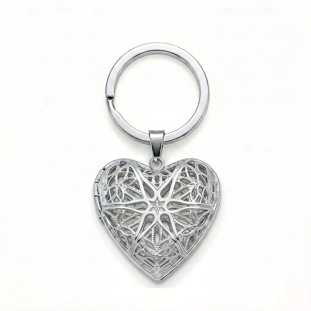 Personalized Heart Filigree Heart Photo Locket Keychain - Silver