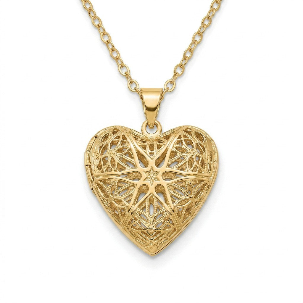 Personalized Heart Filigree Heart Photo Locket Necklace - Gold