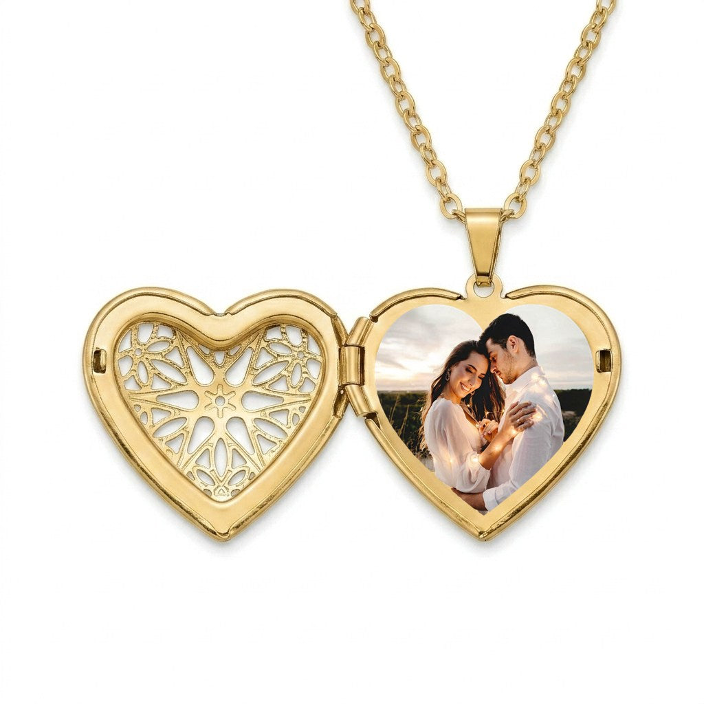 Personalized Heart Filigree Heart Photo Locket Necklace - Gold1