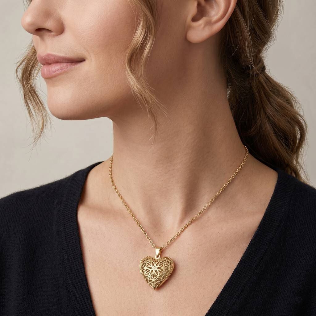 Personalized Heart Filigree Heart Photo Locket Necklace - Gold2
